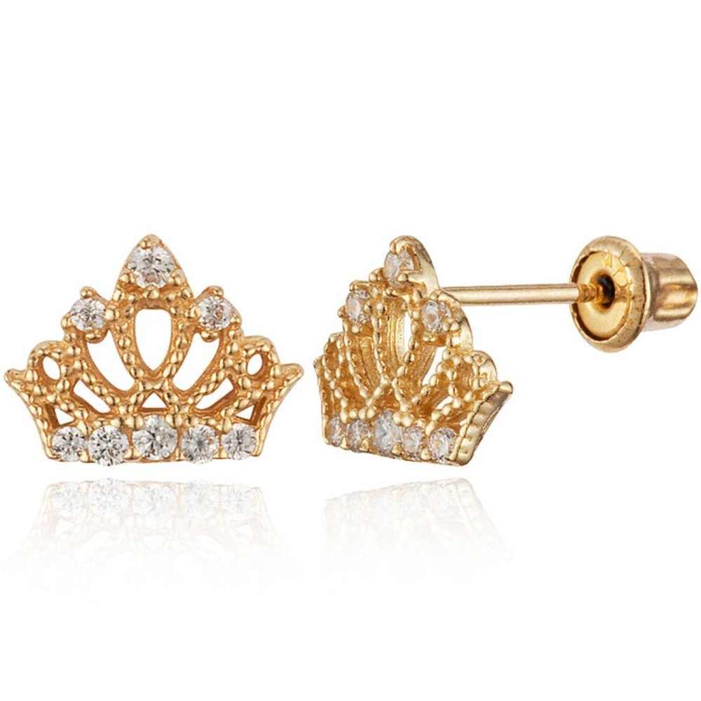 14k Yellow Gold Princess Crown CZ Children Screwback Baby Girls Stud Earrings